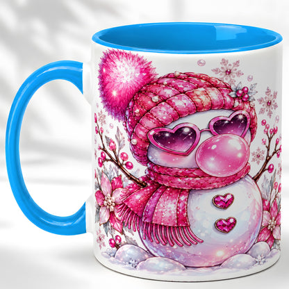 #pl[11oz|Blue] Pink Snowman Coffee Mug, Heart Sunglasses Winter Mug, Ceramic Cup