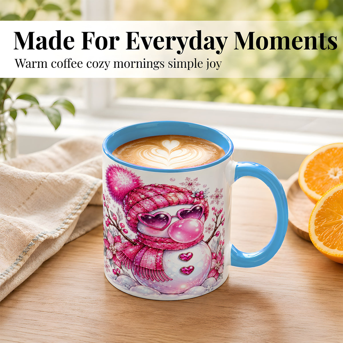 #pl[11oz|Blue] Pink Snowman Coffee Mug, Heart Sunglasses Winter Mug, Ceramic Cup