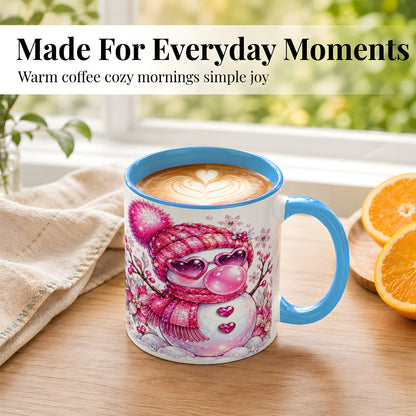 #pl[11oz|Blue] Pink Snowman Coffee Mug, Heart Sunglasses Winter Mug, Ceramic Cup
