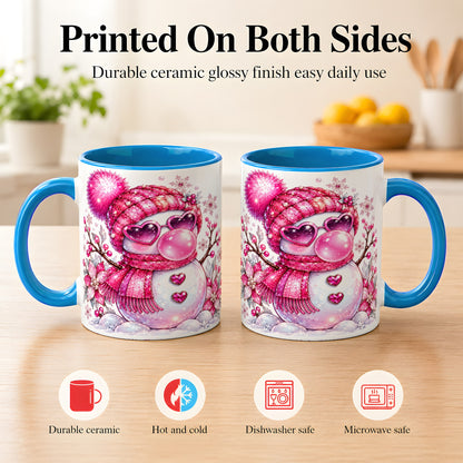 #pl[11oz|Blue] Pink Snowman Coffee Mug, Heart Sunglasses Winter Mug, Ceramic Cup