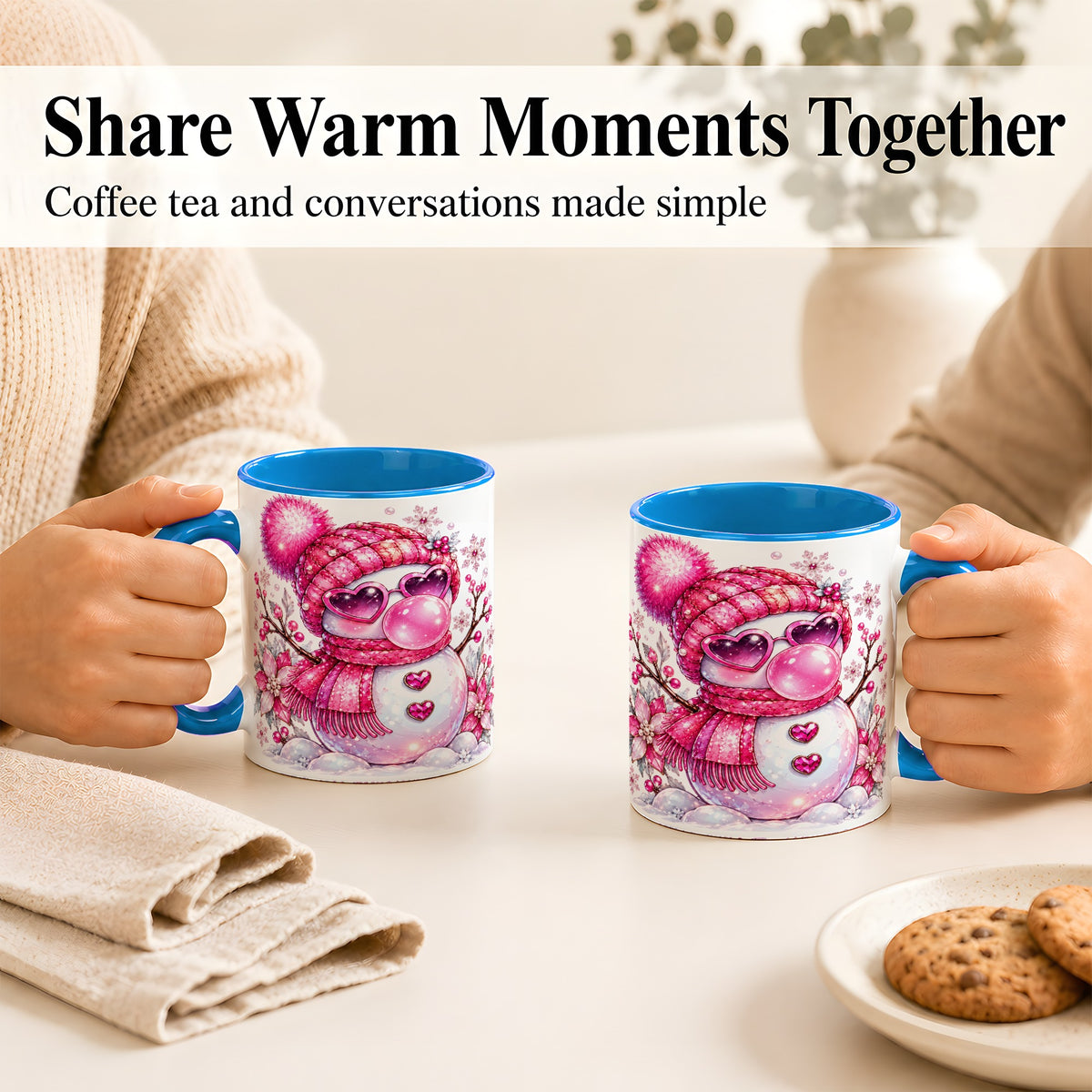 #pl[11oz|Blue] Pink Snowman Coffee Mug, Heart Sunglasses Winter Mug, Ceramic Cup