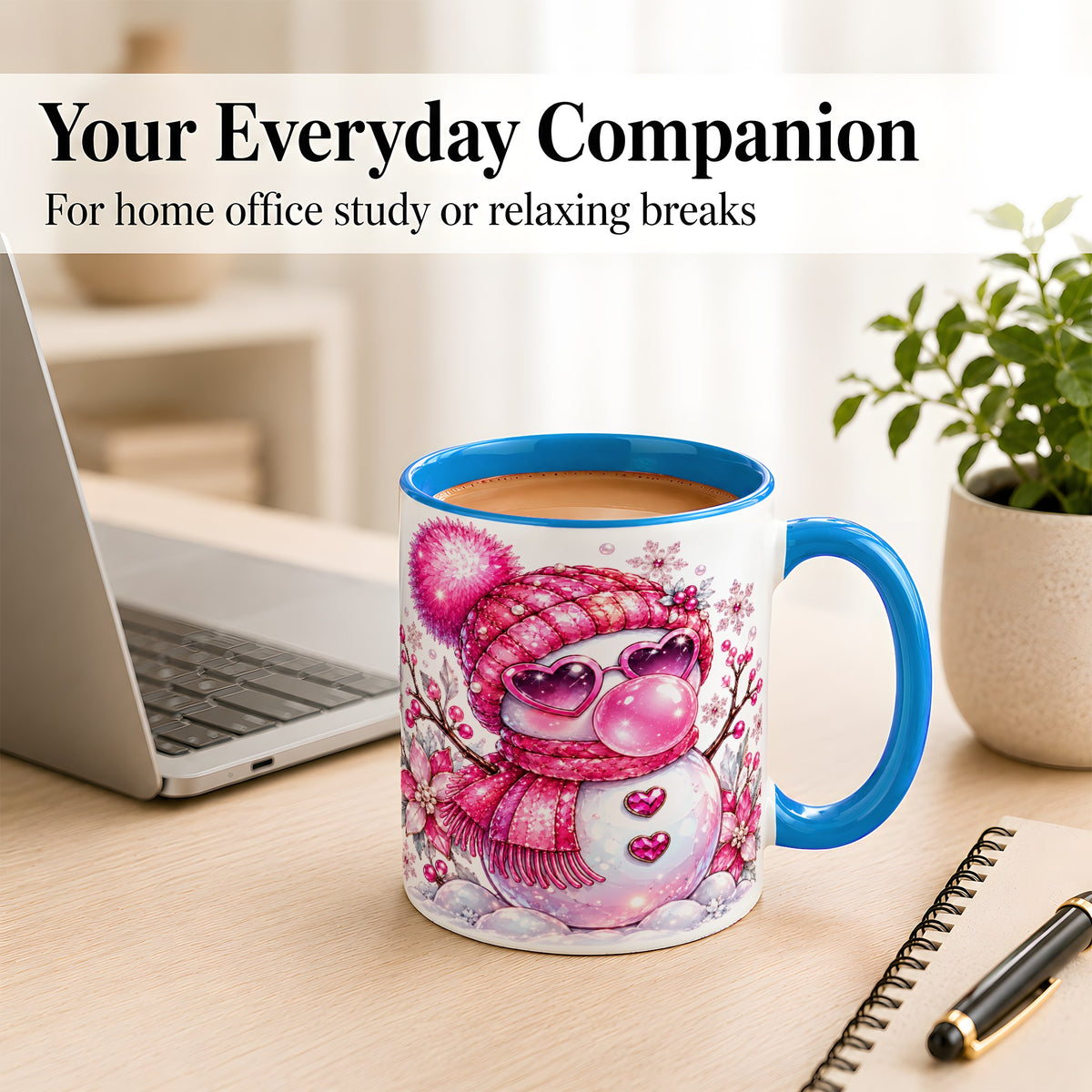 #pl[11oz|Blue] Pink Snowman Coffee Mug, Heart Sunglasses Winter Mug, Ceramic Cup