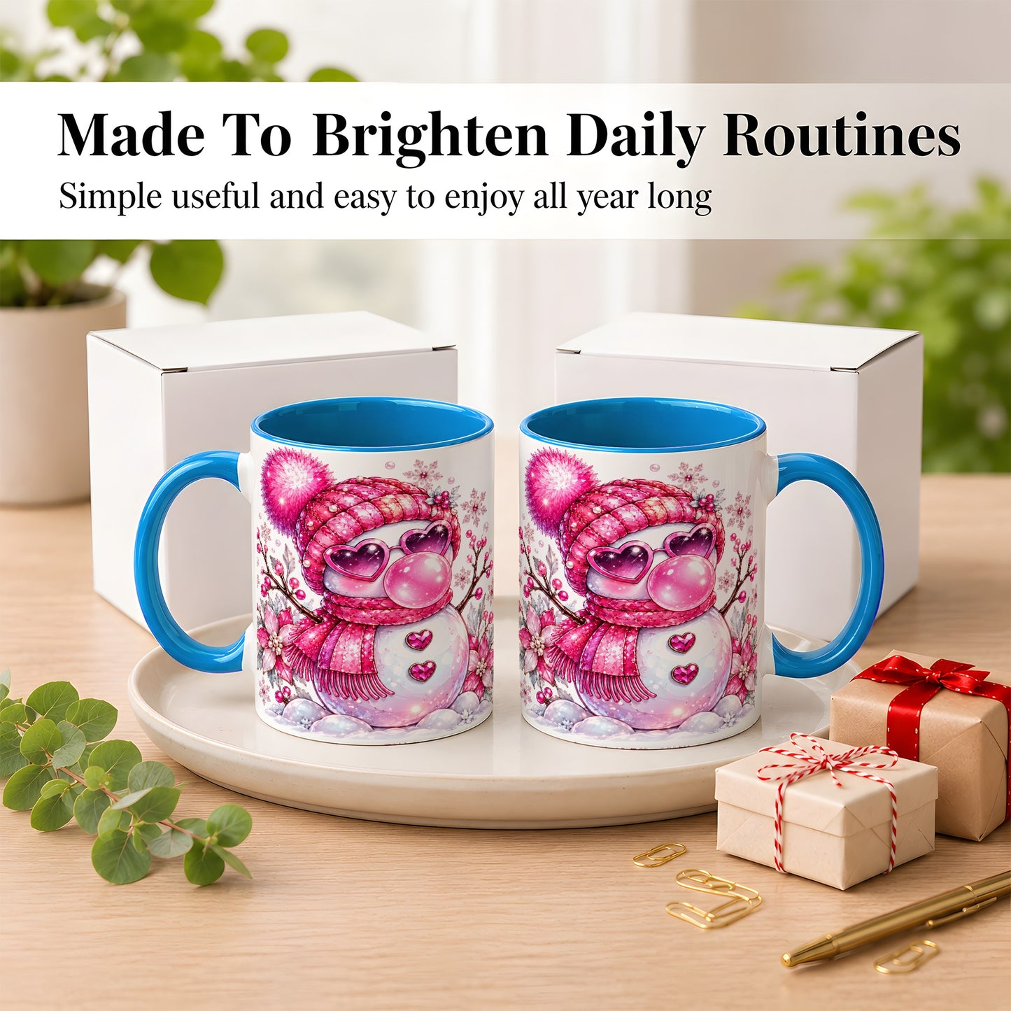 #pl[11oz|Blue] Pink Snowman Coffee Mug, Heart Sunglasses Winter Mug, Ceramic Cup