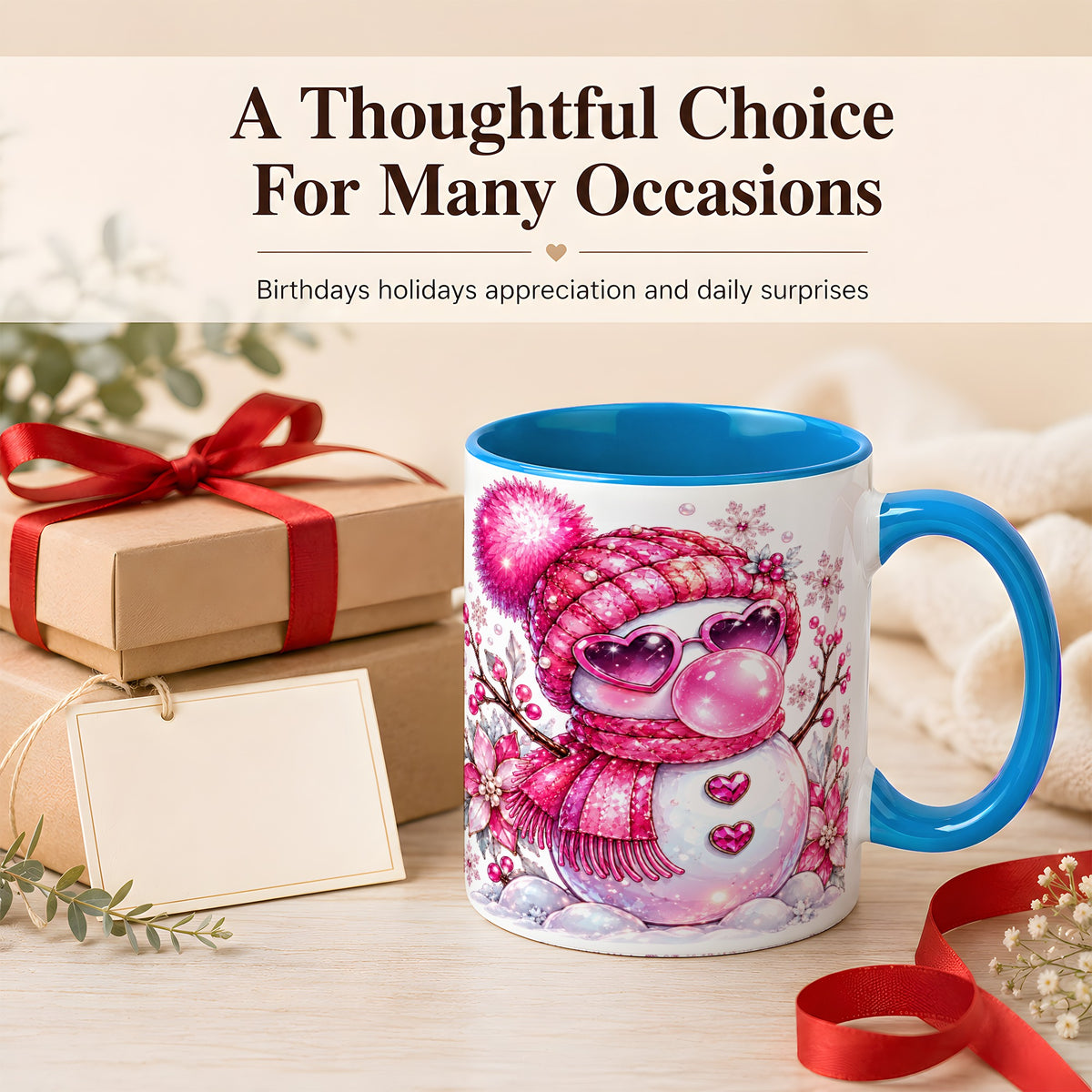 #pl[11oz|Blue] Pink Snowman Coffee Mug, Heart Sunglasses Winter Mug, Ceramic Cup