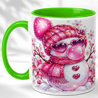 #pl[11oz|Green] Pink Snowman Coffee Mug, Heart Sunglasses Winter Mug, Ceramic Cup