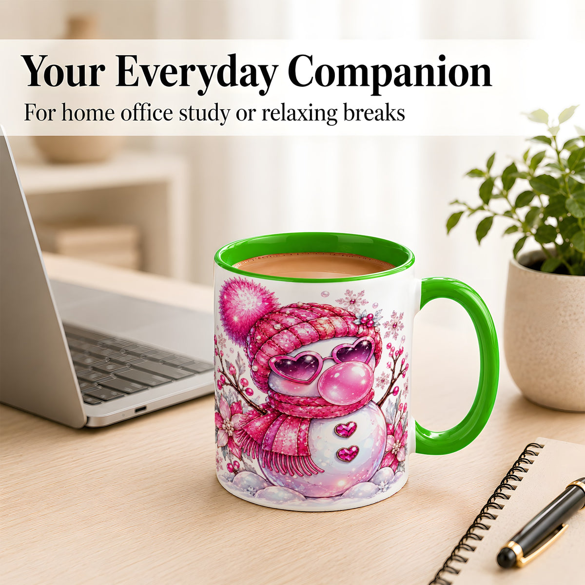 #pl[11oz|Green] Pink Snowman Coffee Mug, Heart Sunglasses Winter Mug, Ceramic Cup