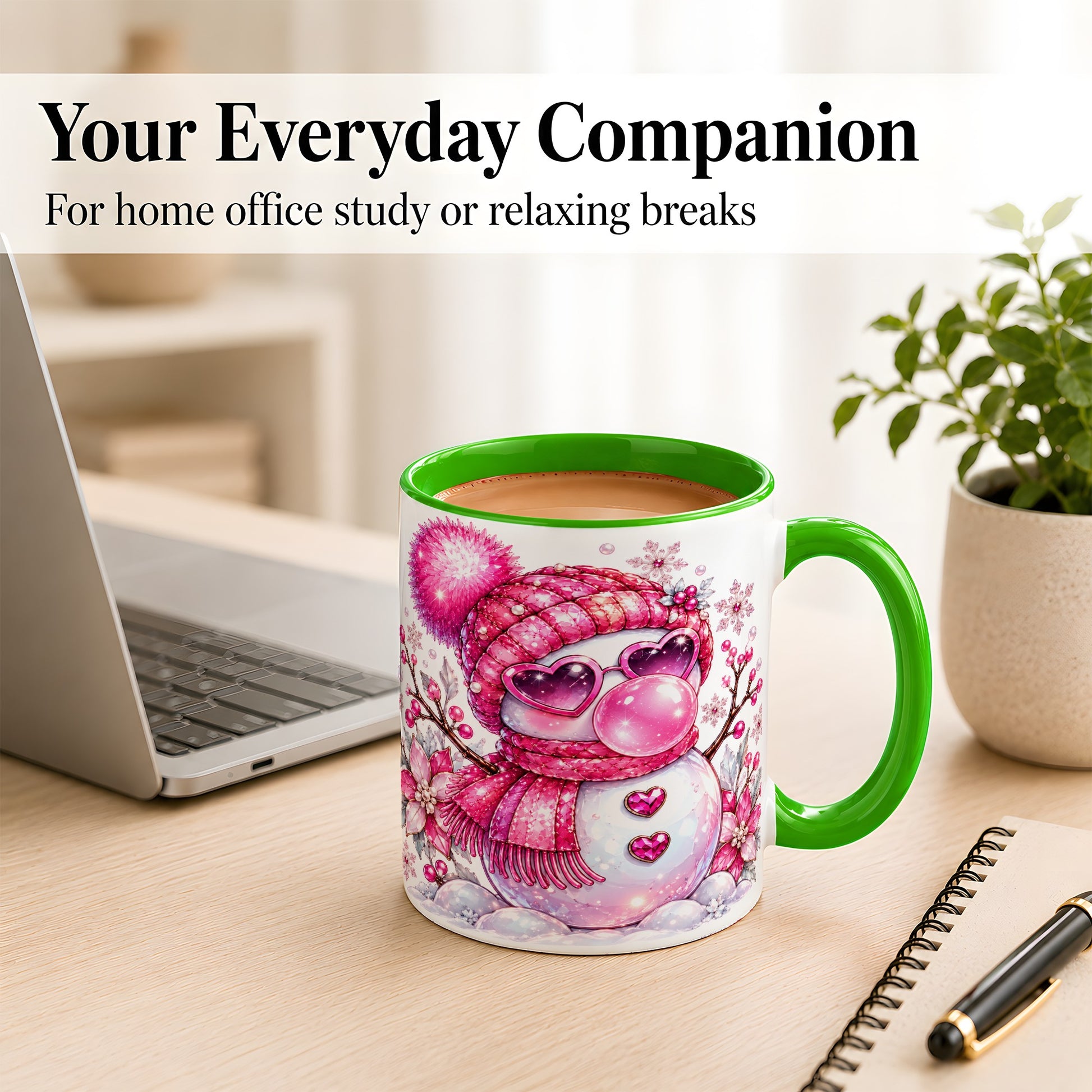 #pl[11oz|Green] Pink Snowman Coffee Mug, Heart Sunglasses Winter Mug, Ceramic Cup