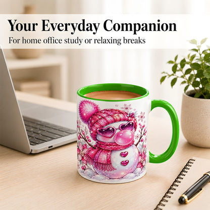 #pl[11oz|Green] Pink Snowman Coffee Mug, Heart Sunglasses Winter Mug, Ceramic Cup