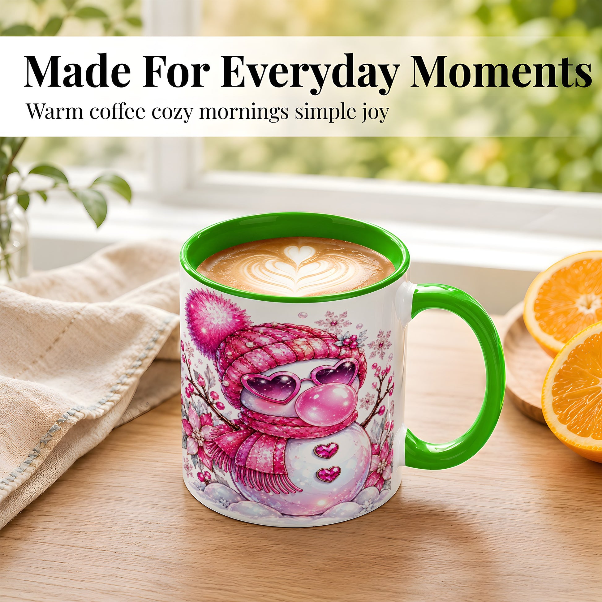 #pl[11oz|Green] Pink Snowman Coffee Mug, Heart Sunglasses Winter Mug, Ceramic Cup