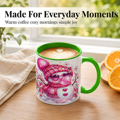 #pl[11oz|Green] Pink Snowman Coffee Mug, Heart Sunglasses Winter Mug, Ceramic Cup