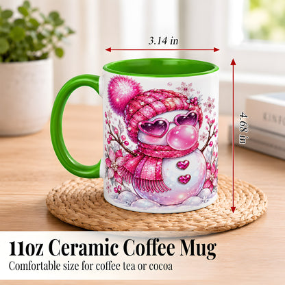 #pl[11oz|Green] Pink Snowman Coffee Mug, Heart Sunglasses Winter Mug, Ceramic Cup