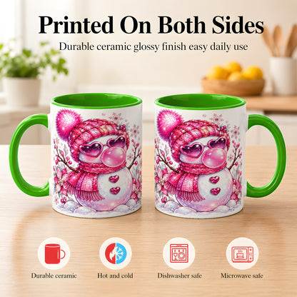 #pl[11oz|Green] Pink Snowman Coffee Mug, Heart Sunglasses Winter Mug, Ceramic Cup