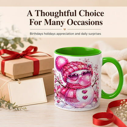 #pl[11oz|Green] Pink Snowman Coffee Mug, Heart Sunglasses Winter Mug, Ceramic Cup