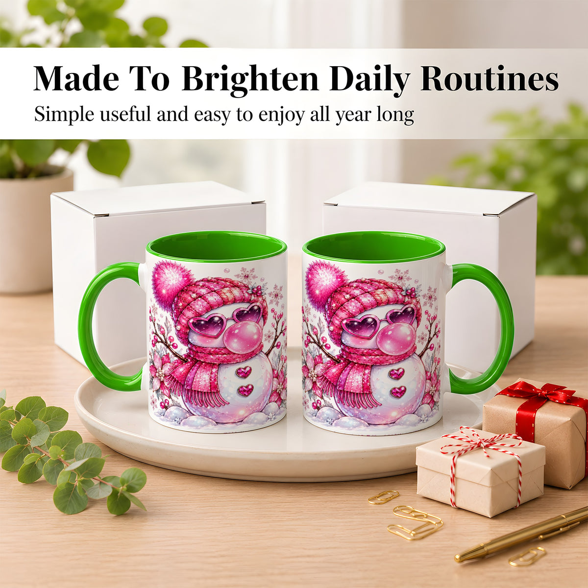 #pl[11oz|Green] Pink Snowman Coffee Mug, Heart Sunglasses Winter Mug, Ceramic Cup