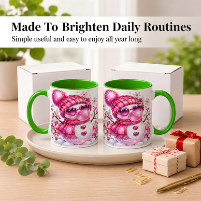#pl[11oz|Green] Pink Snowman Coffee Mug, Heart Sunglasses Winter Mug, Ceramic Cup