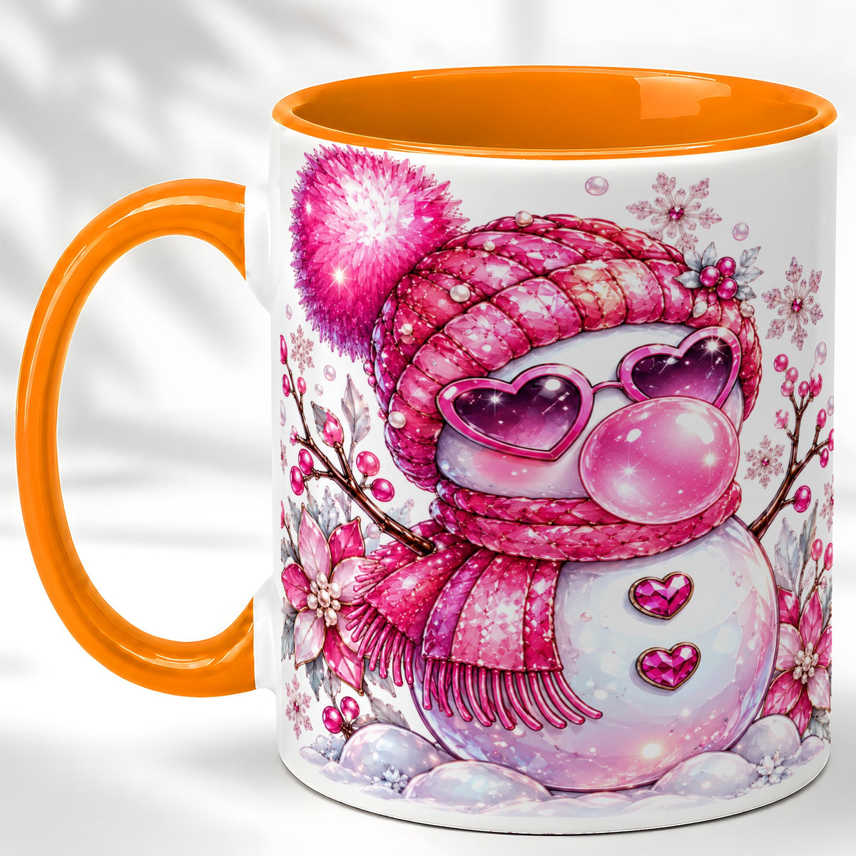 #pl[11oz|Orange] Pink Snowman Coffee Mug, Heart Sunglasses Winter Mug, Ceramic Cup