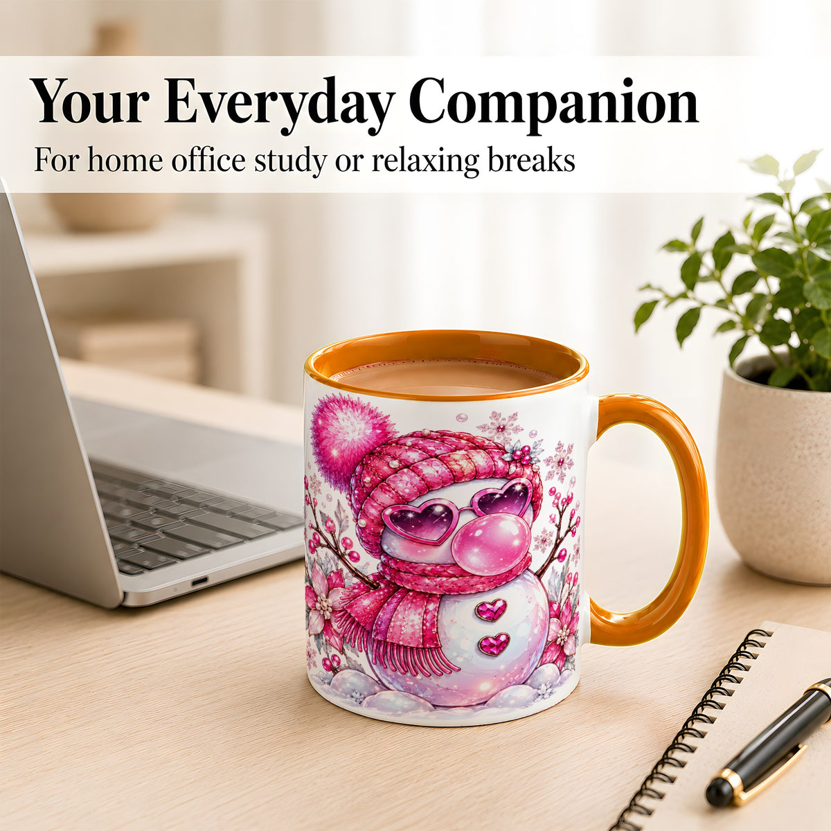 #pl[11oz|Orange] Pink Snowman Coffee Mug, Heart Sunglasses Winter Mug, Ceramic Cup