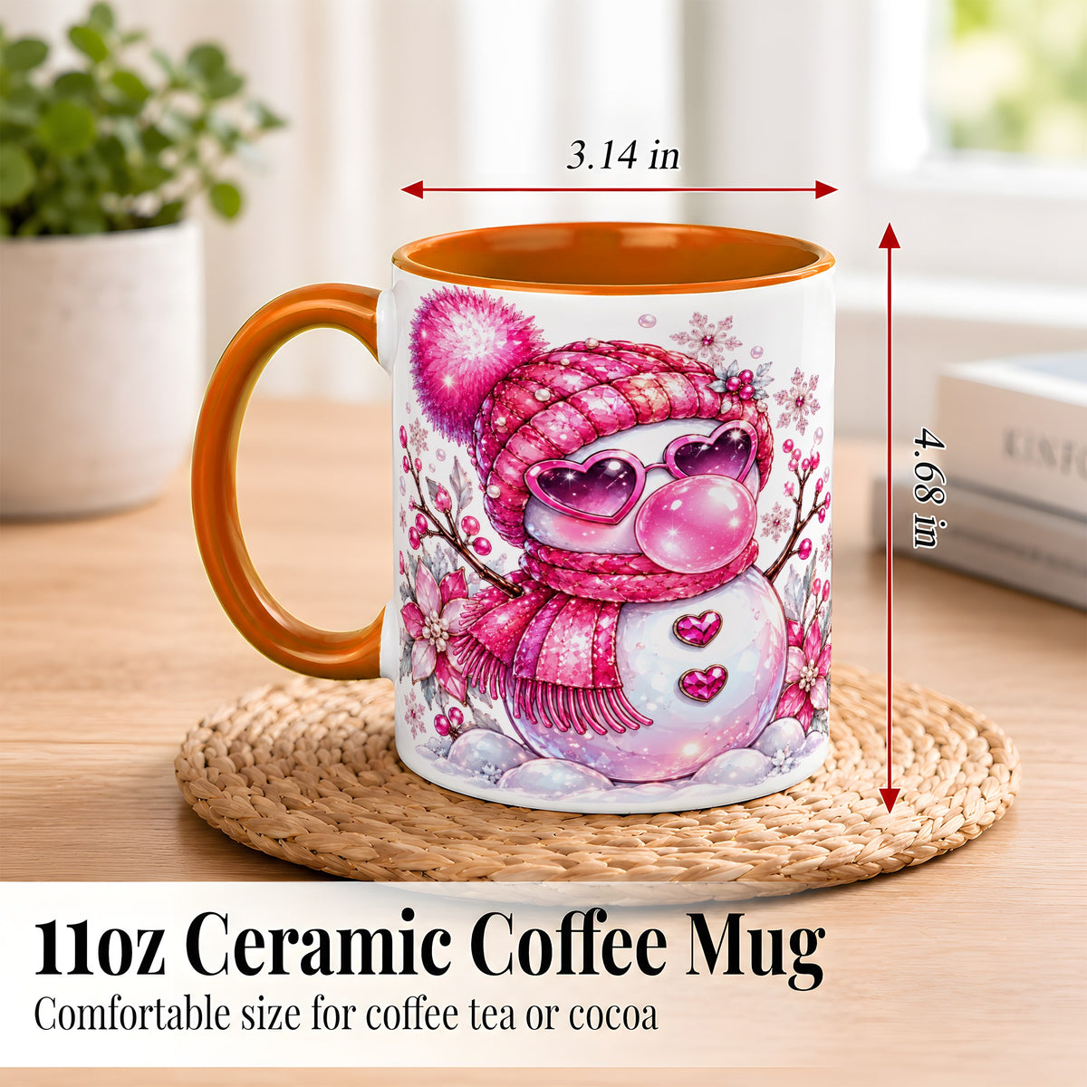 #pl[11oz|Orange] Pink Snowman Coffee Mug, Heart Sunglasses Winter Mug, Ceramic Cup