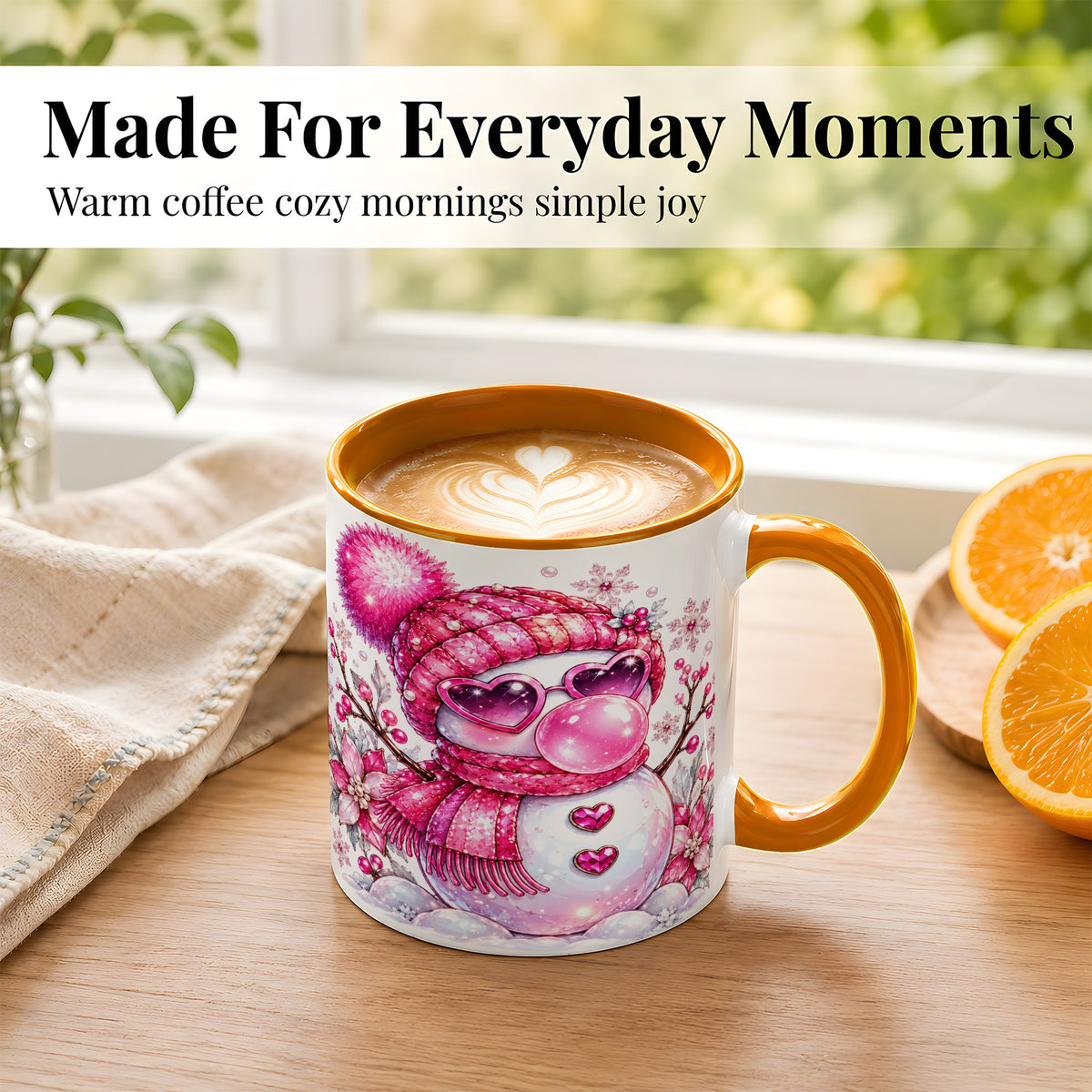 #pl[11oz|Orange] Pink Snowman Coffee Mug, Heart Sunglasses Winter Mug, Ceramic Cup