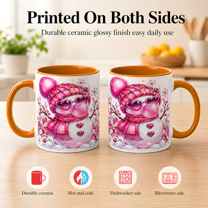 #pl[11oz|Orange] Pink Snowman Coffee Mug, Heart Sunglasses Winter Mug, Ceramic Cup