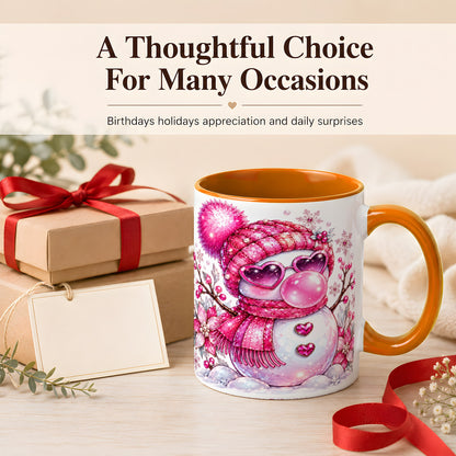 #pl[11oz|Orange] Pink Snowman Coffee Mug, Heart Sunglasses Winter Mug, Ceramic Cup