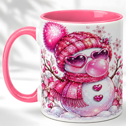 #pl[11oz|Pink] Pink Snowman Coffee Mug, Heart Sunglasses Winter Mug, Ceramic Cup