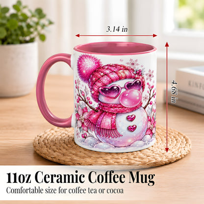 #pl[11oz|Pink] Pink Snowman Coffee Mug, Heart Sunglasses Winter Mug, Ceramic Cup