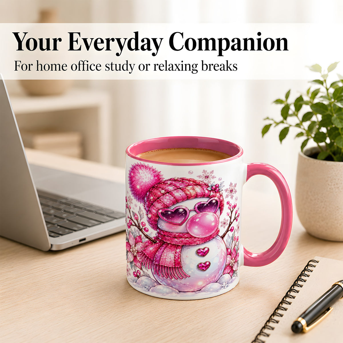 #pl[11oz|Pink] Pink Snowman Coffee Mug, Heart Sunglasses Winter Mug, Ceramic Cup