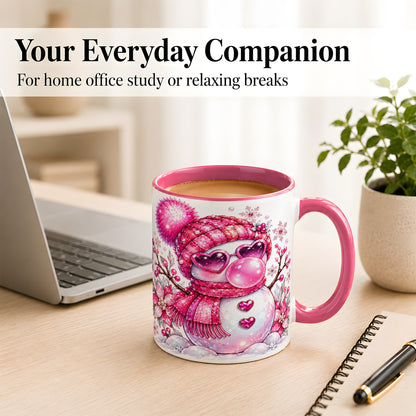 #pl[11oz|Pink] Pink Snowman Coffee Mug, Heart Sunglasses Winter Mug, Ceramic Cup