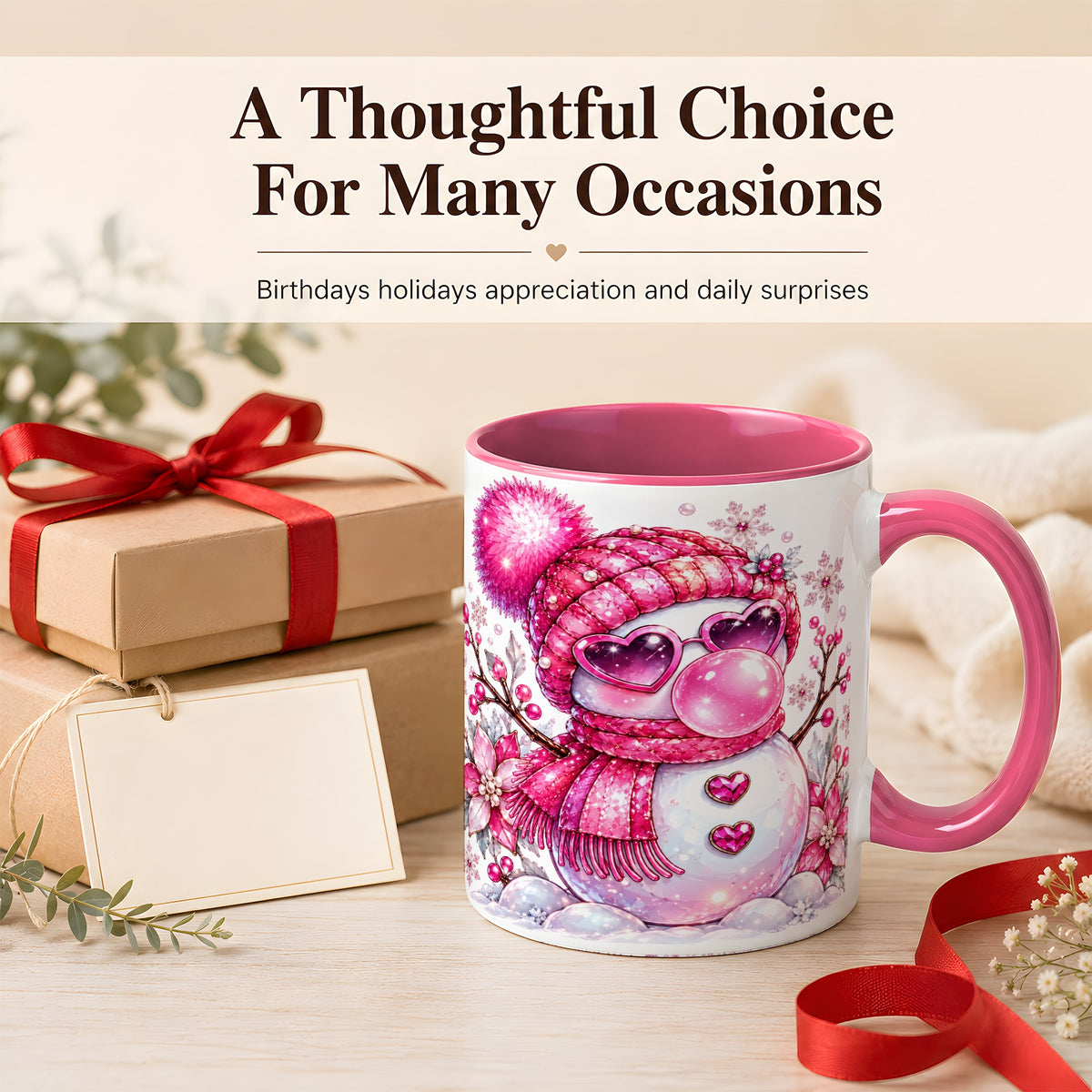 #pl[11oz|Pink] Pink Snowman Coffee Mug, Heart Sunglasses Winter Mug, Ceramic Cup