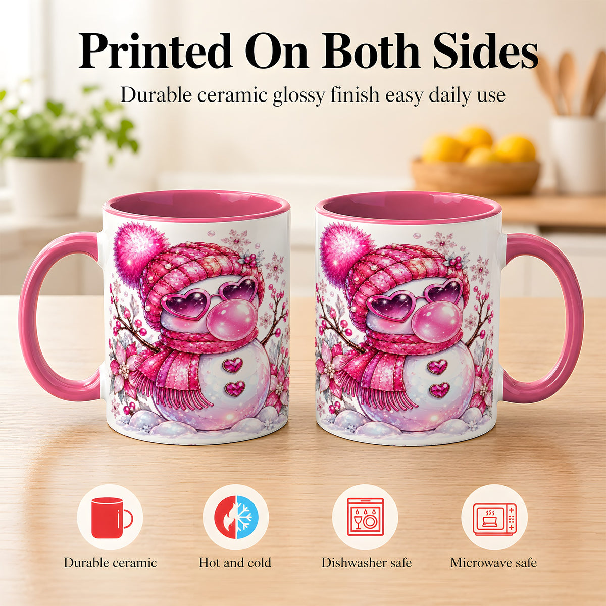 #pl[11oz|Pink] Pink Snowman Coffee Mug, Heart Sunglasses Winter Mug, Ceramic Cup