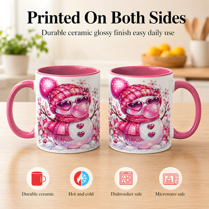 #pl[11oz|Pink] Pink Snowman Coffee Mug, Heart Sunglasses Winter Mug, Ceramic Cup