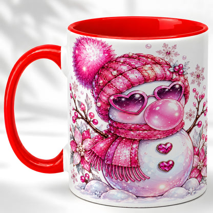 Pink Snowman Coffee Mug, Heart Sunglasses Winter Mug, Ceramic Cup