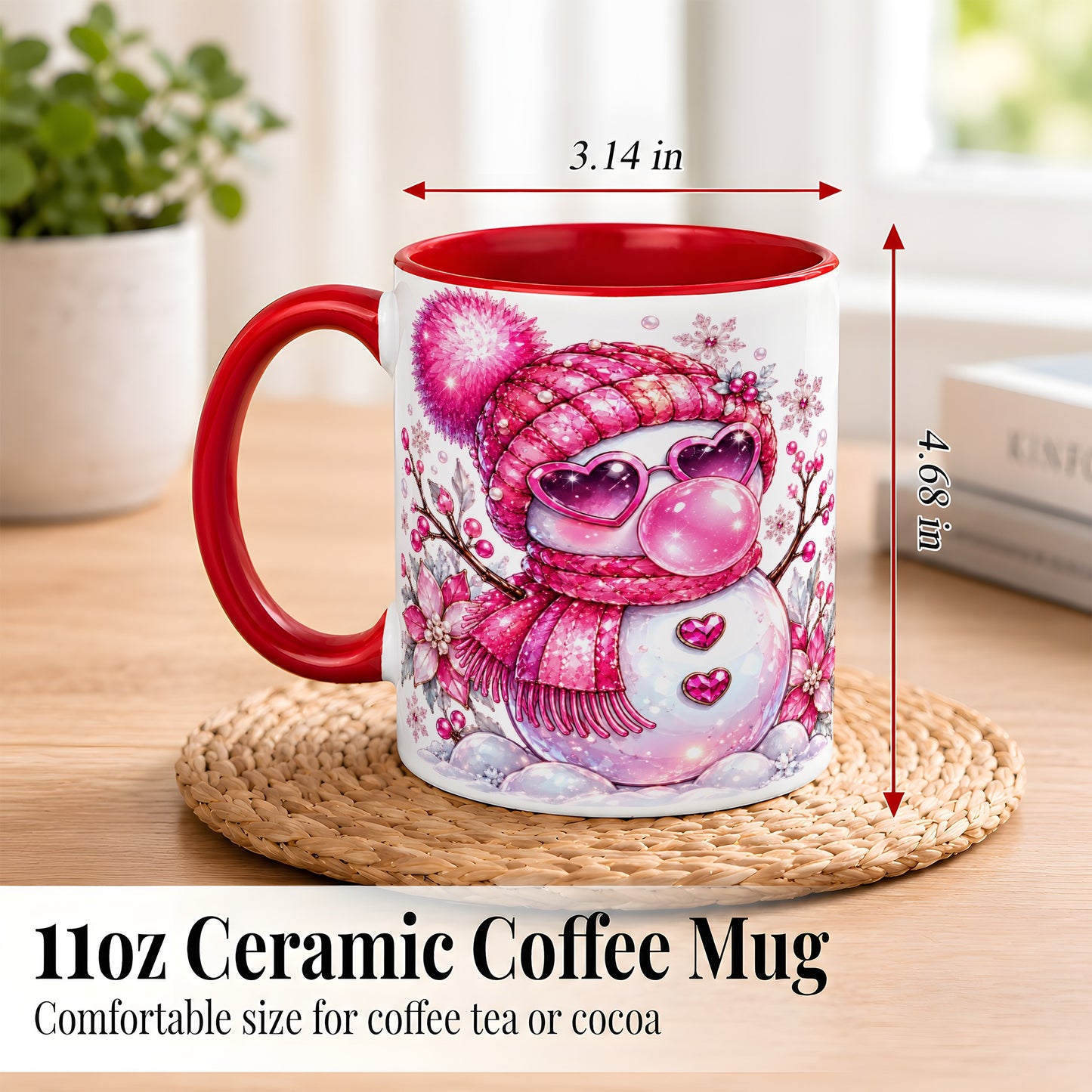 #pl[11oz|Red] Pink Snowman Coffee Mug, Heart Sunglasses Winter Mug, Ceramic Cup