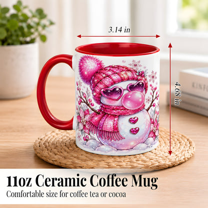 #pl[11oz|Red] Pink Snowman Coffee Mug, Heart Sunglasses Winter Mug, Ceramic Cup