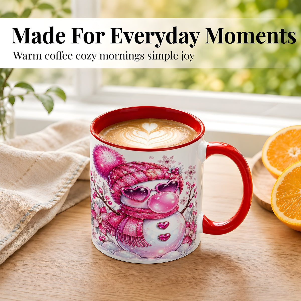 #pl[11oz|Red] Pink Snowman Coffee Mug, Heart Sunglasses Winter Mug, Ceramic Cup
