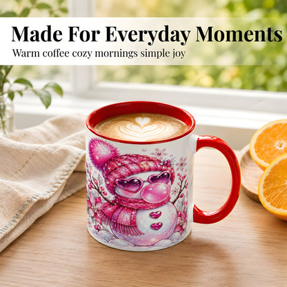 #pl[11oz|Red] Pink Snowman Coffee Mug, Heart Sunglasses Winter Mug, Ceramic Cup