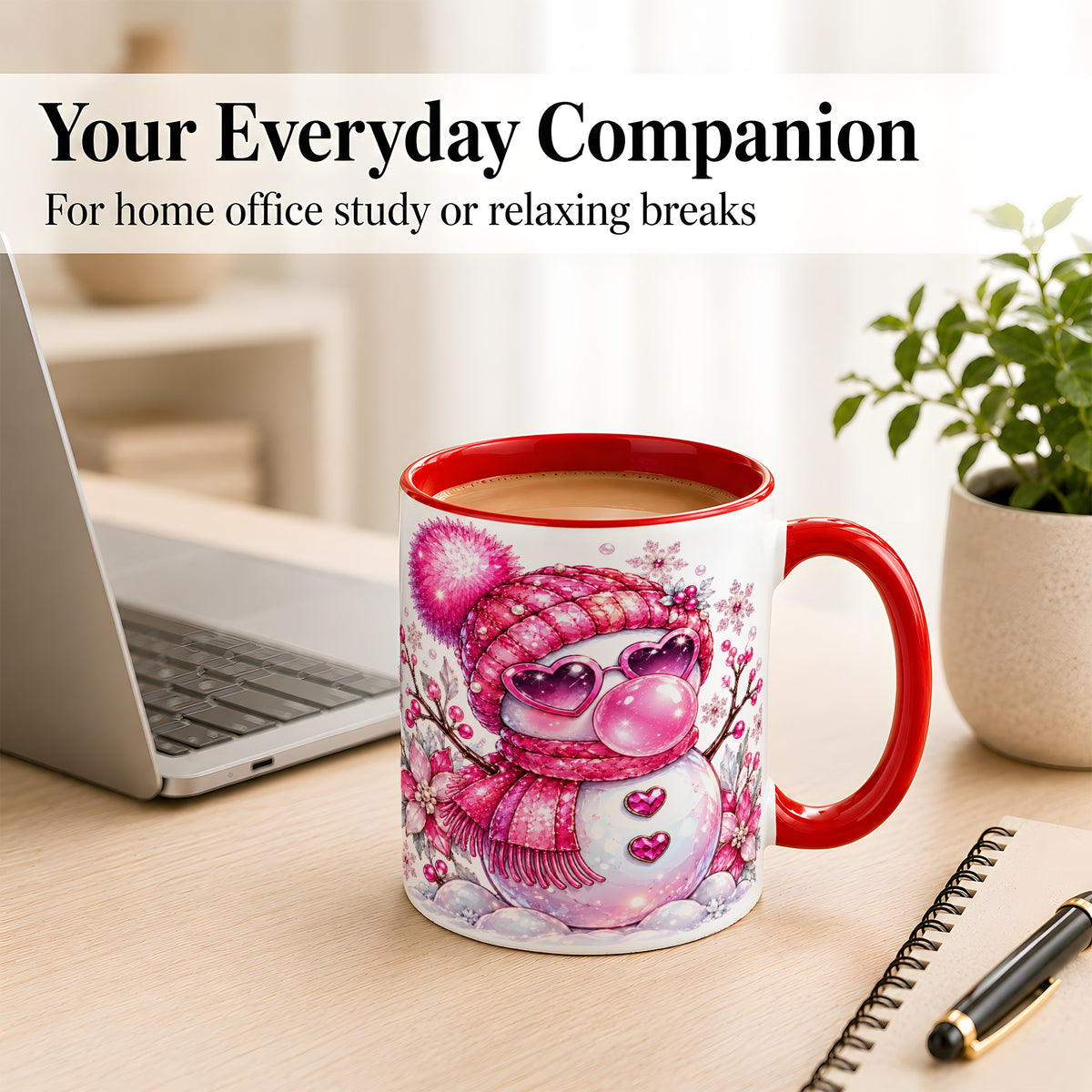 #pl[11oz|Red] Pink Snowman Coffee Mug, Heart Sunglasses Winter Mug, Ceramic Cup
