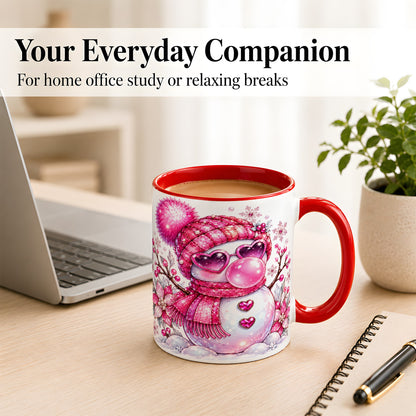 #pl[11oz|Red] Pink Snowman Coffee Mug, Heart Sunglasses Winter Mug, Ceramic Cup