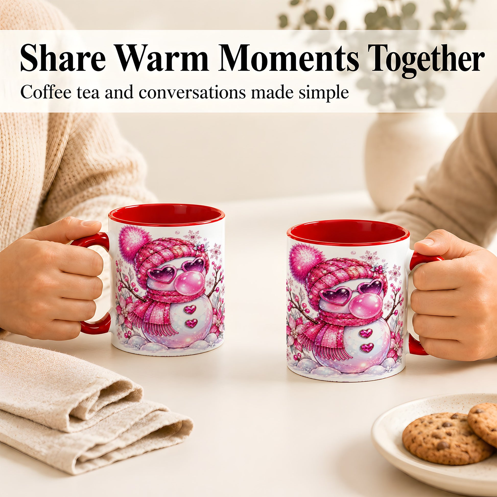 #pl[11oz|Red] Pink Snowman Coffee Mug, Heart Sunglasses Winter Mug, Ceramic Cup