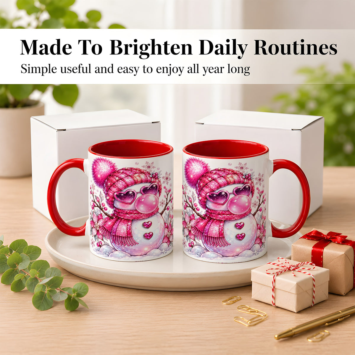 #pl[11oz|Red] Pink Snowman Coffee Mug, Heart Sunglasses Winter Mug, Ceramic Cup
