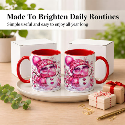 #pl[11oz|Red] Pink Snowman Coffee Mug, Heart Sunglasses Winter Mug, Ceramic Cup