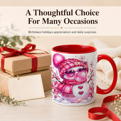#pl[11oz|Red] Pink Snowman Coffee Mug, Heart Sunglasses Winter Mug, Ceramic Cup