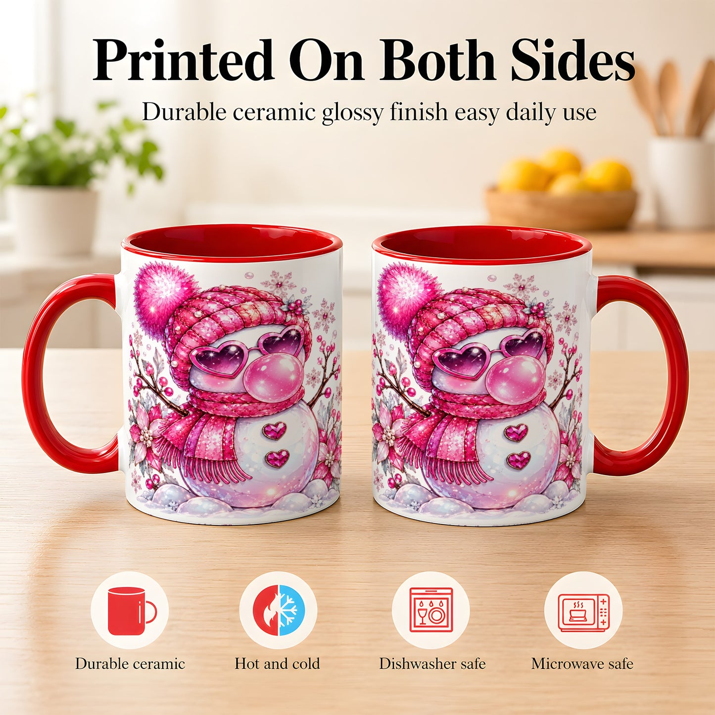 #pl[11oz|Red] Pink Snowman Coffee Mug, Heart Sunglasses Winter Mug, Ceramic Cup