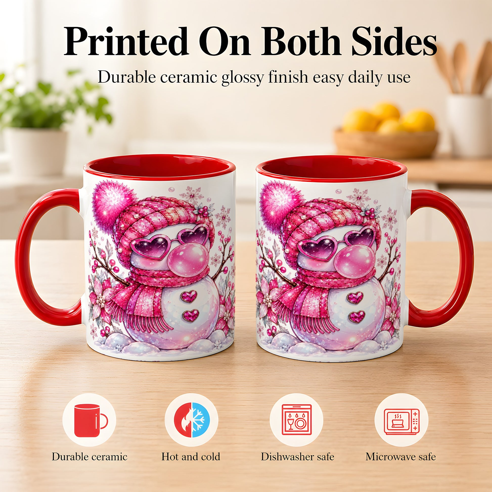 #pl[11oz|Red] Pink Snowman Coffee Mug, Heart Sunglasses Winter Mug, Ceramic Cup