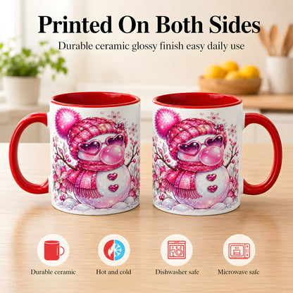 #pl[11oz|Red] Pink Snowman Coffee Mug, Heart Sunglasses Winter Mug, Ceramic Cup