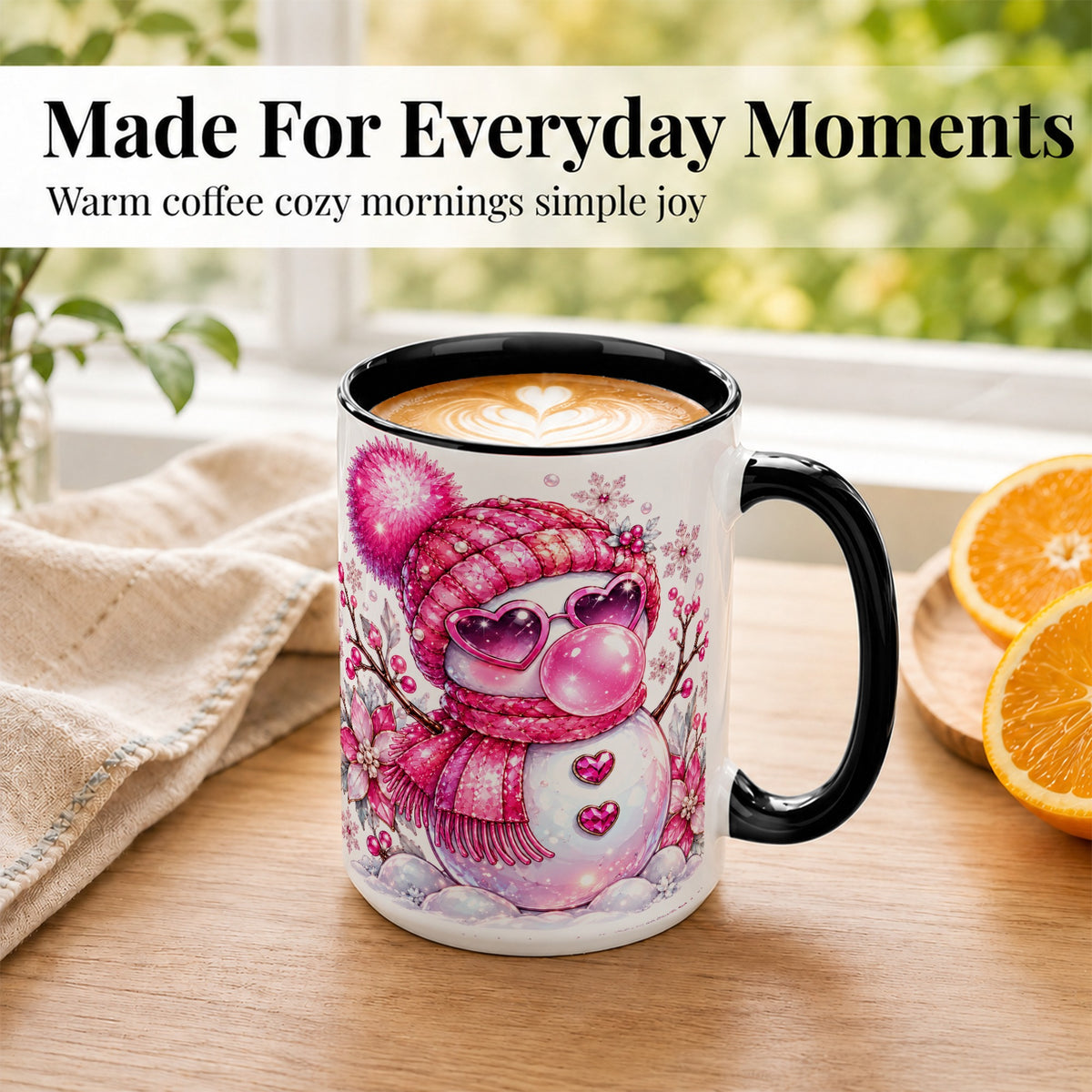 #pl[15oz|Black] Pink Snowman Coffee Mug, Heart Sunglasses Winter Mug, Ceramic Cup