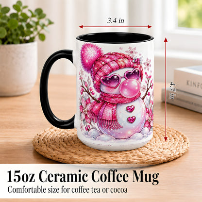 #pl[15oz|Black] Pink Snowman Coffee Mug, Heart Sunglasses Winter Mug, Ceramic Cup