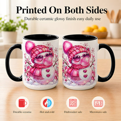 #pl[15oz|Black] Pink Snowman Coffee Mug, Heart Sunglasses Winter Mug, Ceramic Cup