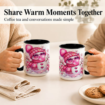 #pl[15oz|Black] Pink Snowman Coffee Mug, Heart Sunglasses Winter Mug, Ceramic Cup